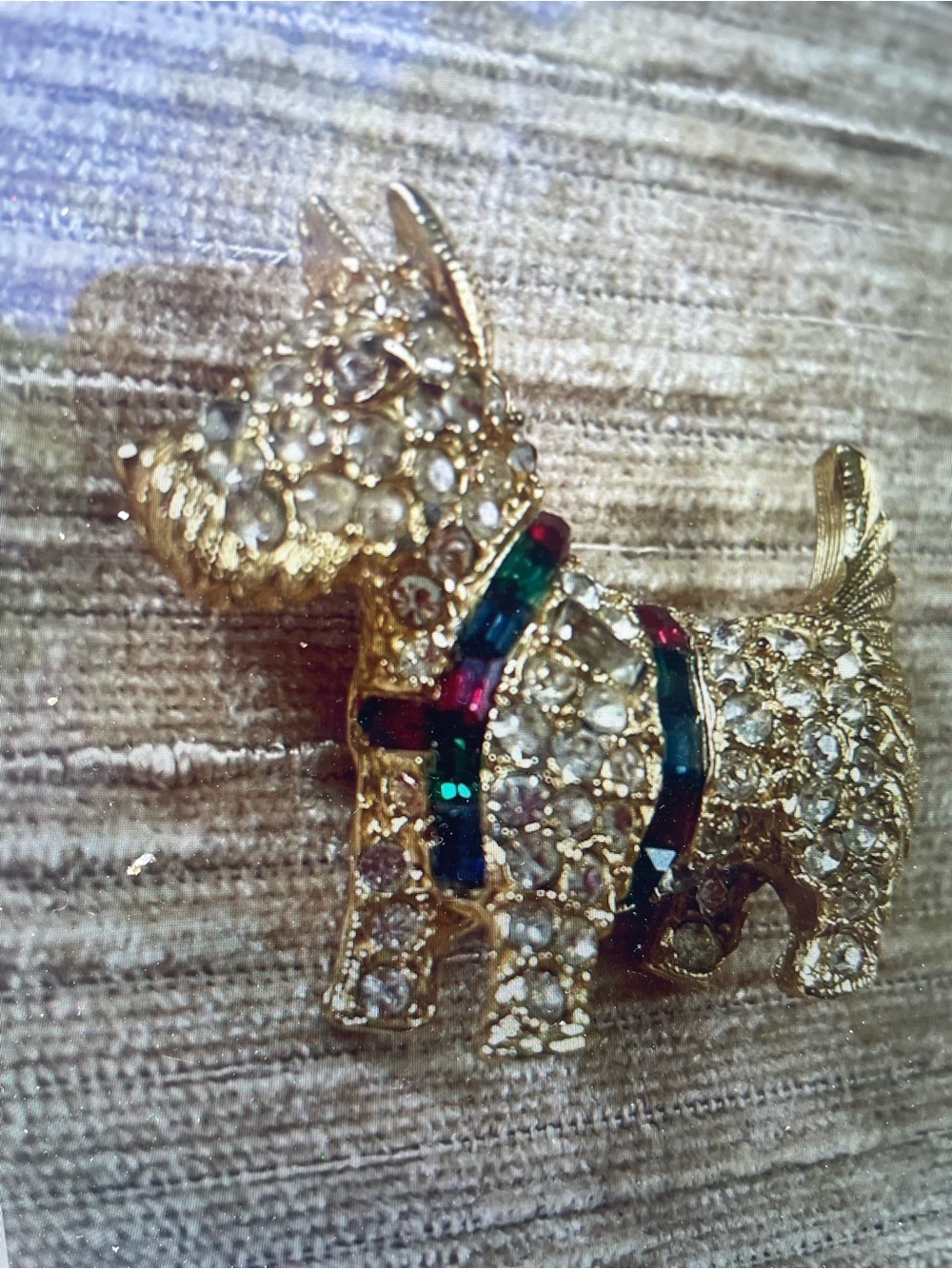 Gold Crystal Dog Brooch with Multicolor Enamel Collar